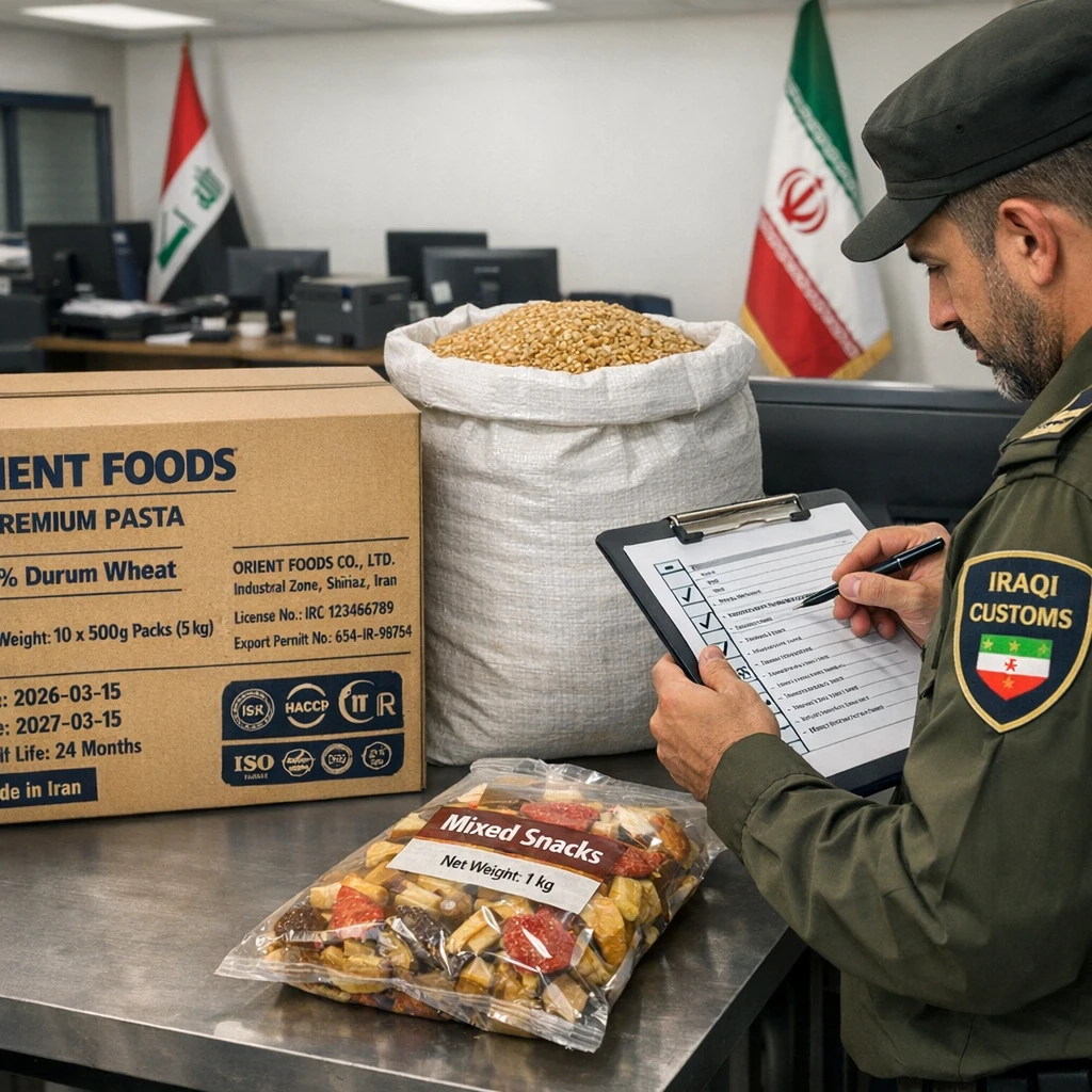 کنترل و بازرسی بسته بندی کالاهای غذایی صادراتی ایران در گمرک عراق توسط مامور گمرک