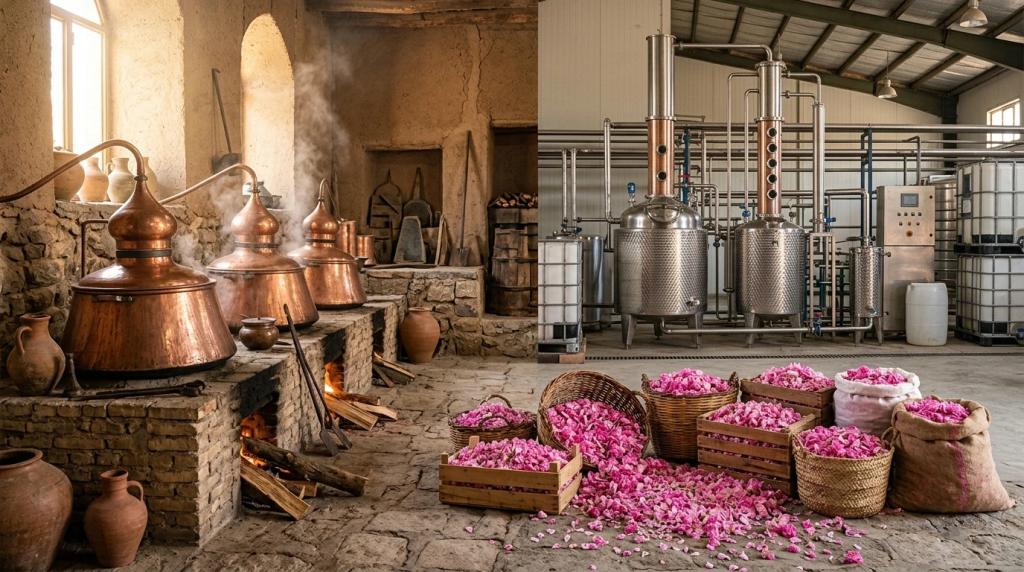 فرآیند تقطیر سنتی و صنعتی گل محمدی و تولید گلاب با کیفیت صادراتی