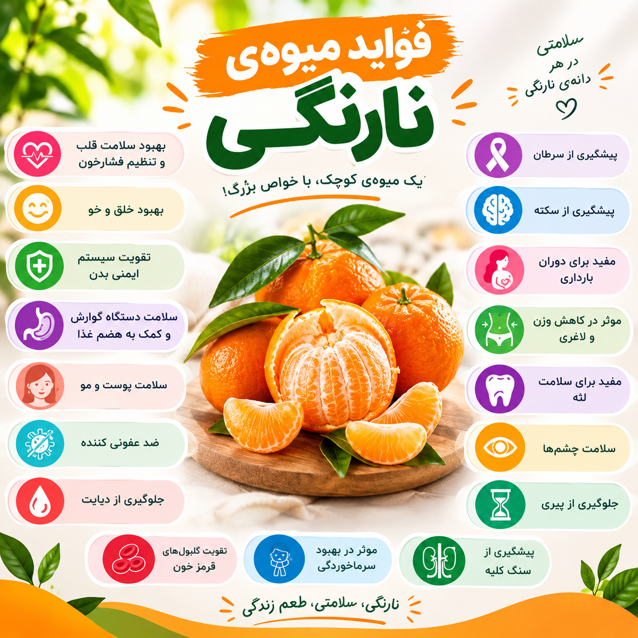اینفوگرافیک فواید نارنگی برای سلامتی، شامل ارزش غذایی، ویتامین C، سلامت قلب، گوارش، پوست و تقویت سیستم ایمنی بدن کپی Alt Text